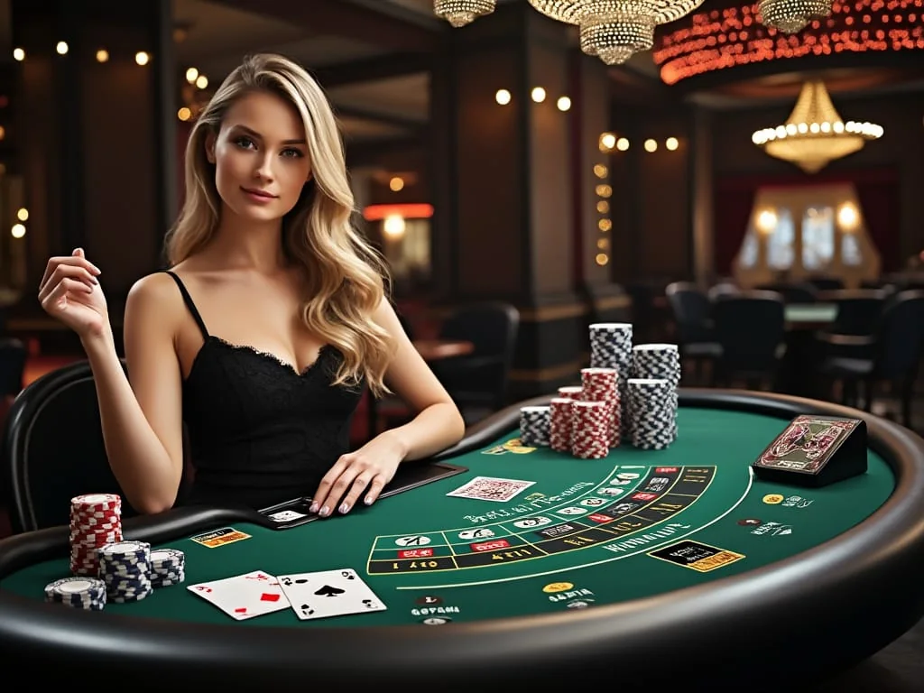 Dealer di meja kasino live dengan antarmuka permainan di layar